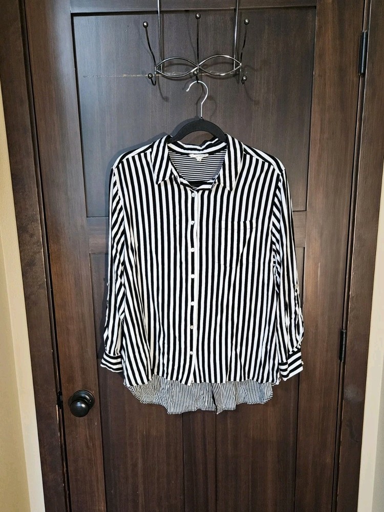 EUC Women's Plus Jane & Delancey Black & White Striped Button Blouse Top Size 1X