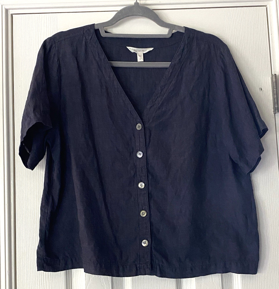 Womens Garnet Hill Top Gabby Button Up European Flax Linen Classic Indigo Medium