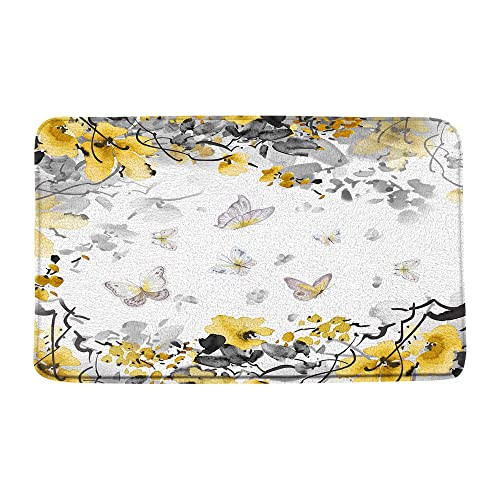 Yellow Floral Watercolor Bath Mat with Abstract Butterflies Ink Design