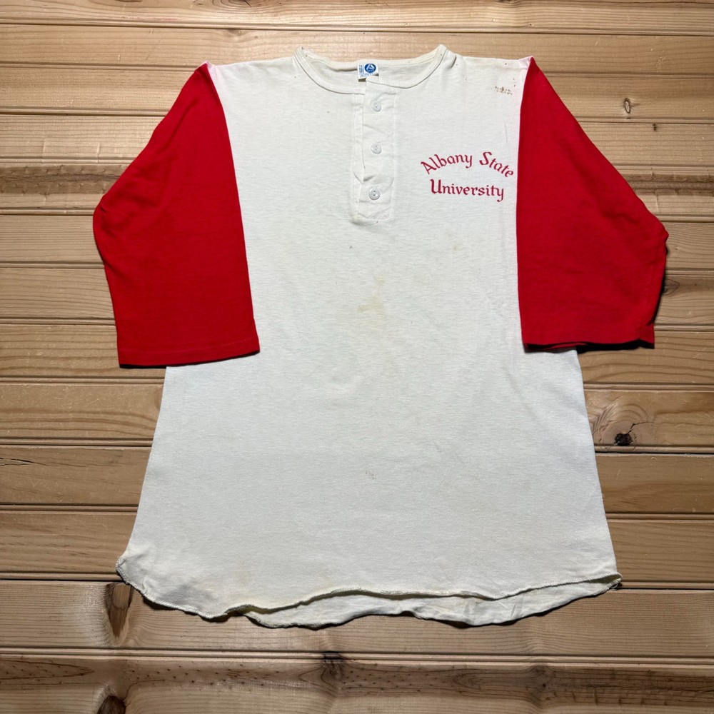Vintage 80s Albany State University Collegiate Henley Raglan T-Shirt USA Medium