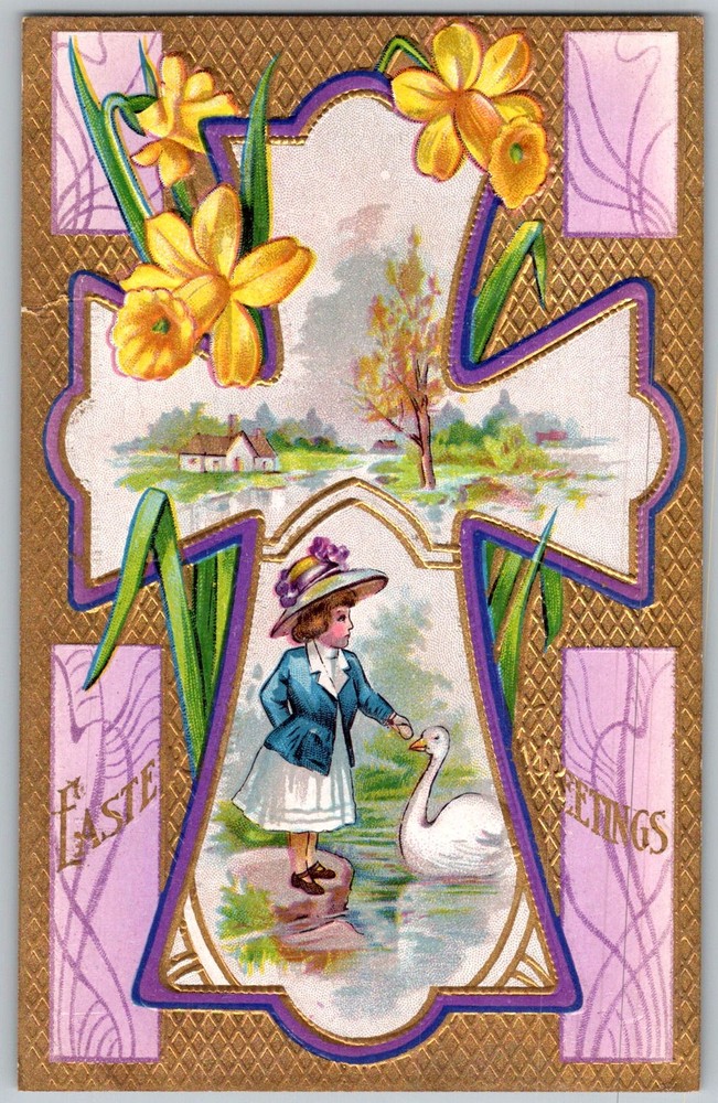 Antique Postcard Easter Girl Feeding Swan Lincklaen, NY 1910s