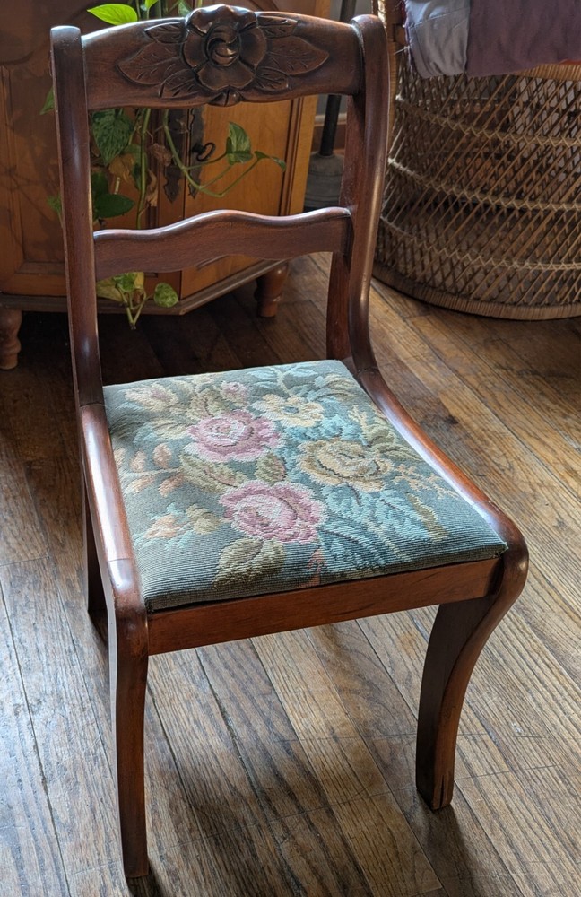 Vintage Wood Child’s Chair Needlepoint Seat Carved Rose, Small Chair