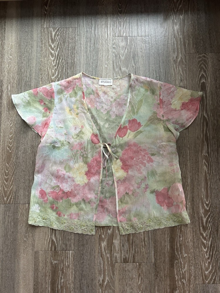 VTG Pastel Floral Sequin Lace Flutter Sleeve Sheer Tie Top Fairy Cottagecore