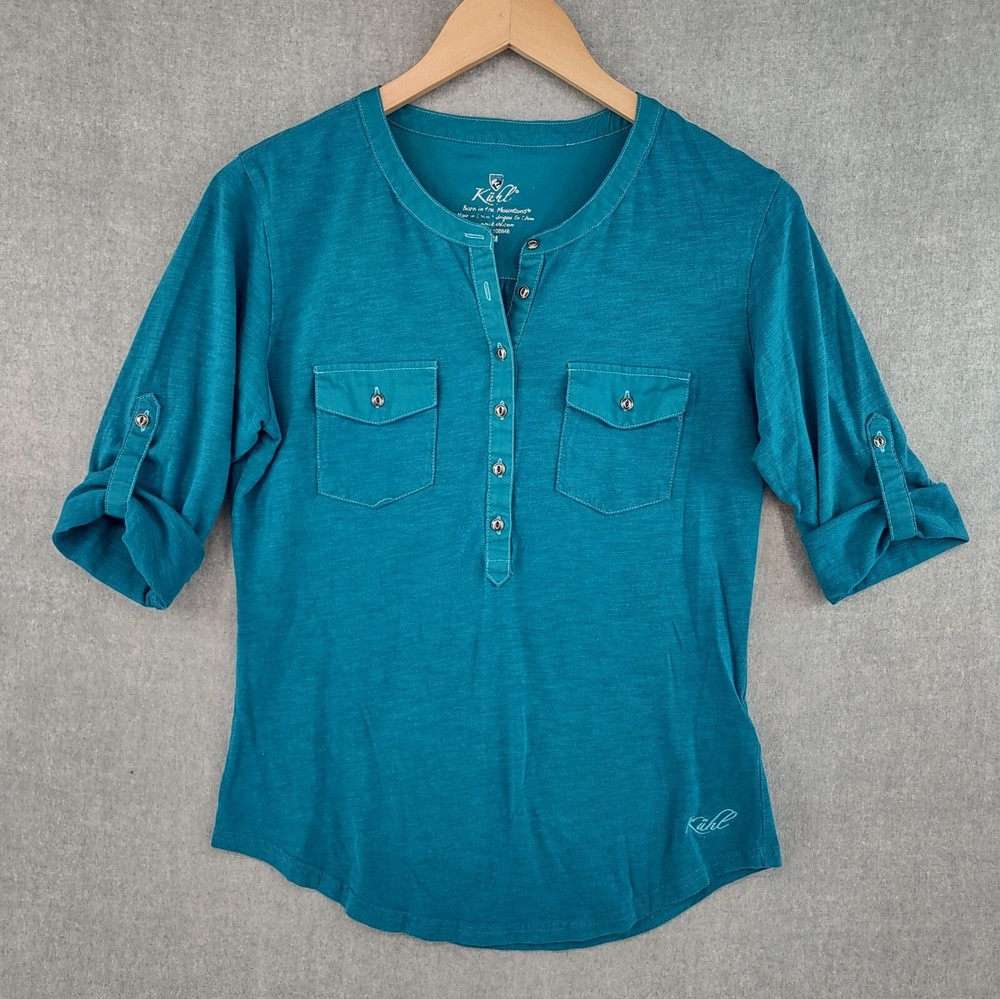Kuhl Top Womens Medium Blue Organic Cotton Pocket Henley Roll Tab Sleeve