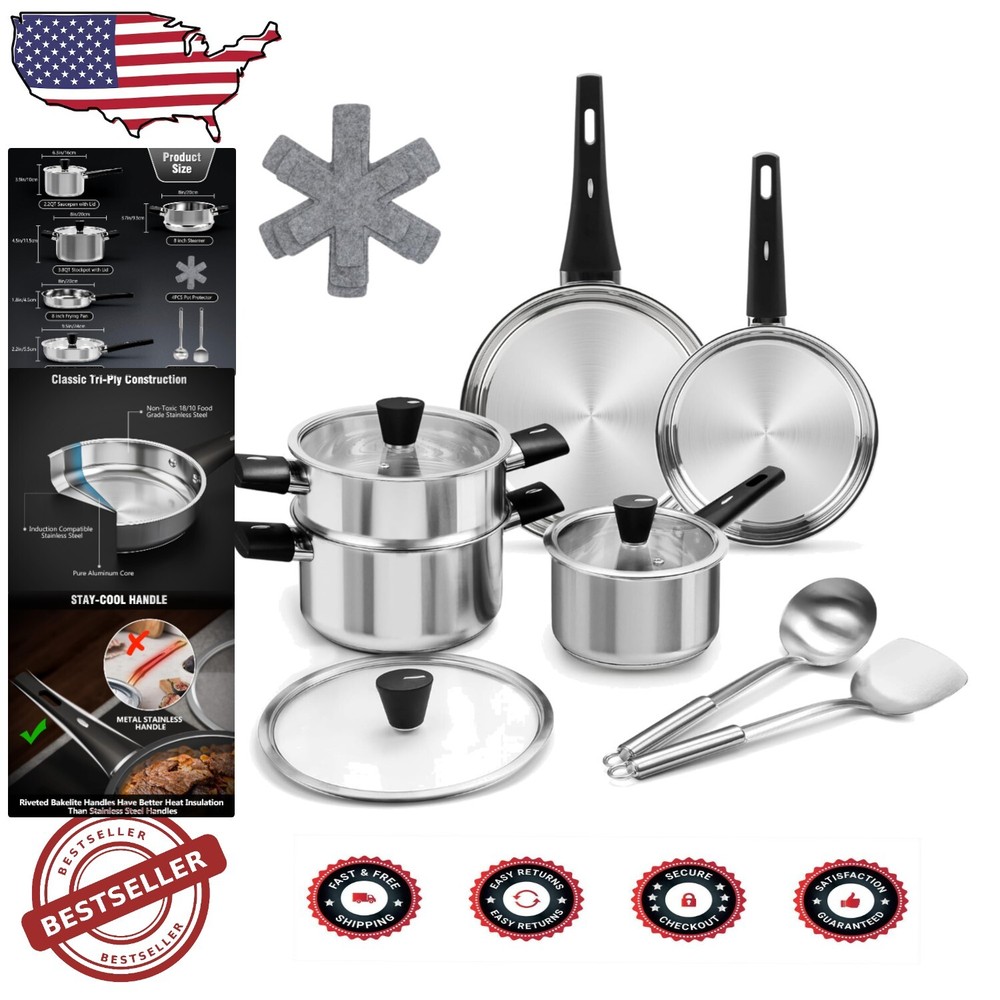 Stay-Cool Handle 14-Piece Stainless Steel Cookware Set for Induction Stoves