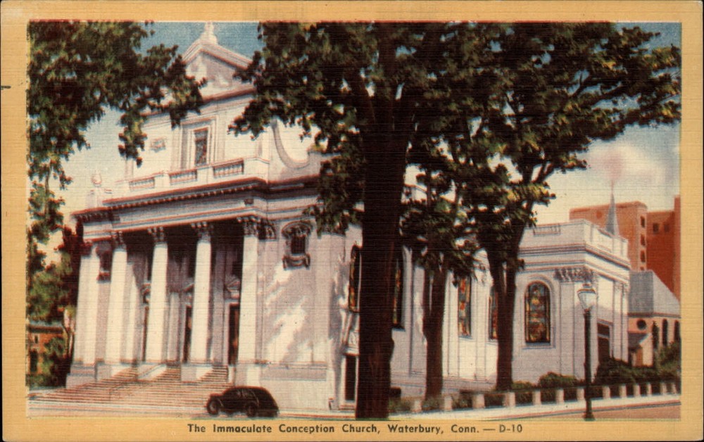 Immaculate Conception Church Waterbury Connecticut ~ 1940s linen postcard