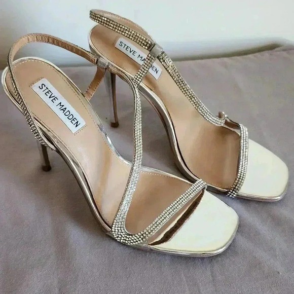Steve Madden Women's Gold Rhinestone Strappy Heel Sandals Party Shoes