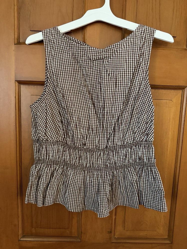 Women’s A New Day Brown Gingham Seersucker Peplum Sleeveless Top Size Large NWT