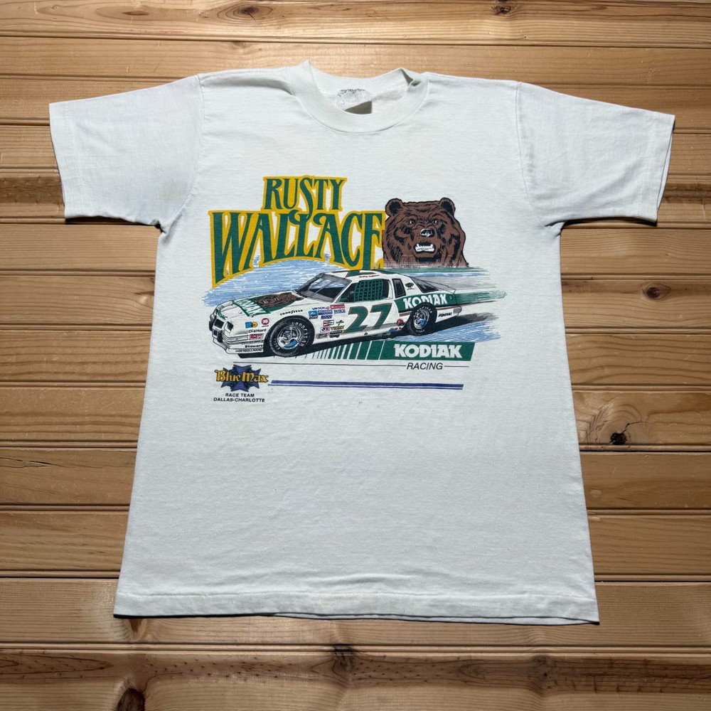 Vintage 80s Rusty Wallace NASCAR Blue Max Kodiak Racing Graphic T-Shirt Small