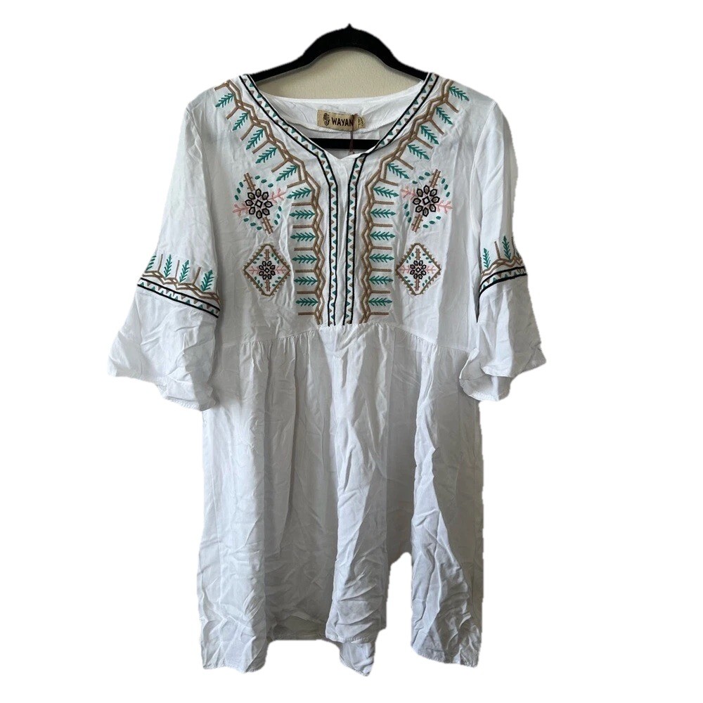 Wayan Natural Wear Tunic Top Women S/M White Embroidered Boho Short Sleeve New