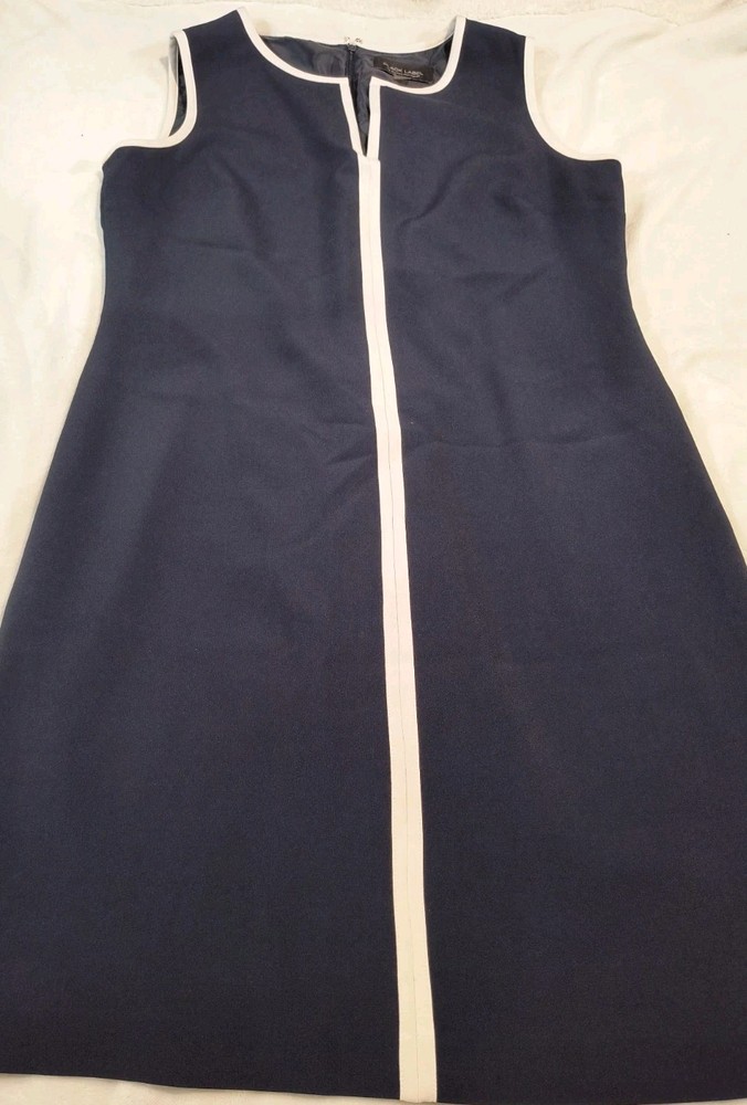Black Label by Evan-Picone Navy Blue Sheath Dress White Trim Sleeveless Size 12