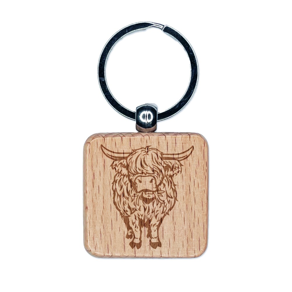 Shaggy Highland Cow Eating Grass Engraved Wood Square Keychain Tag Charm