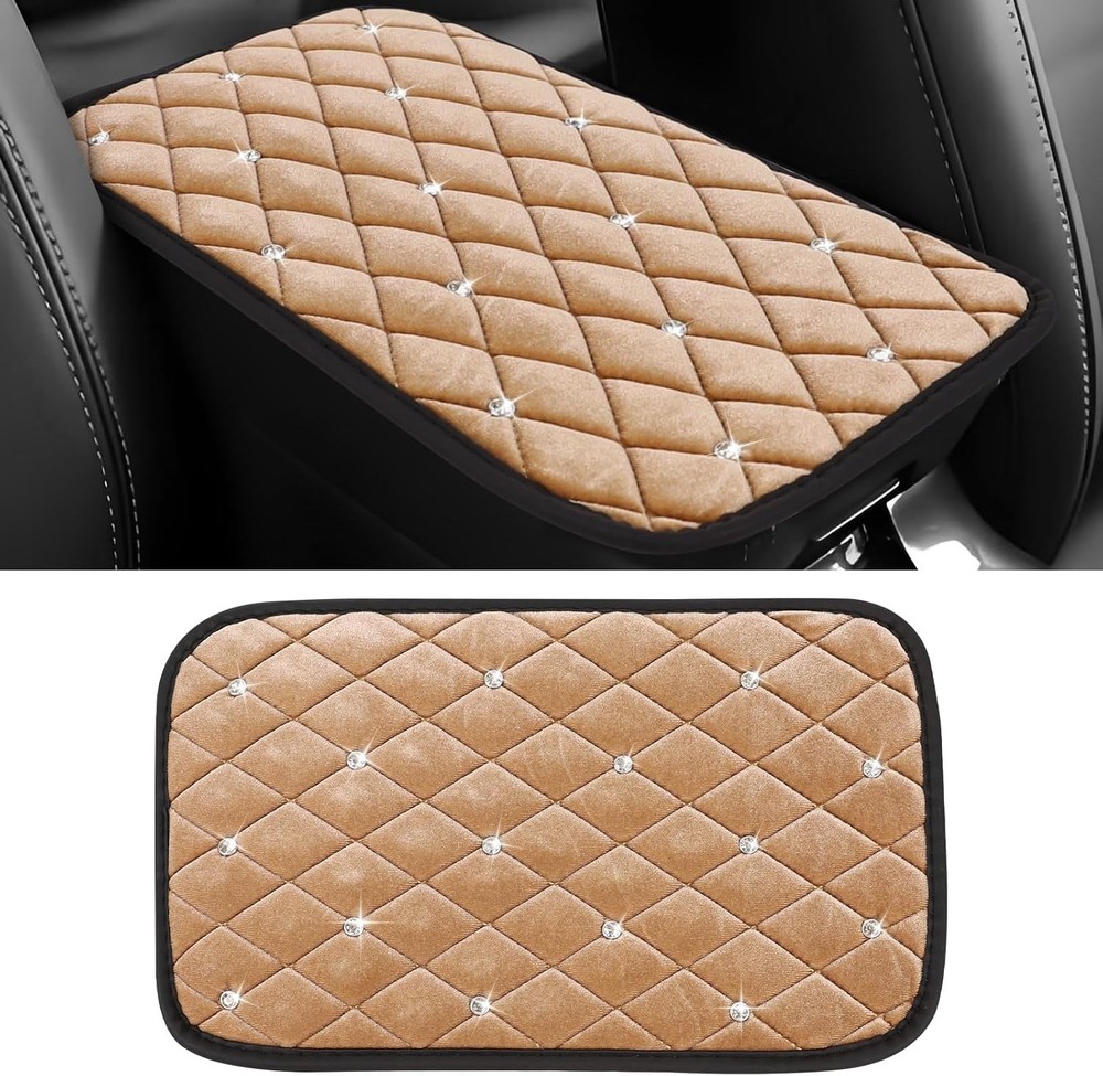 Bling Crystal Rhinestone Fluffy Armrest Cover for Car Center Cons Color: Beige