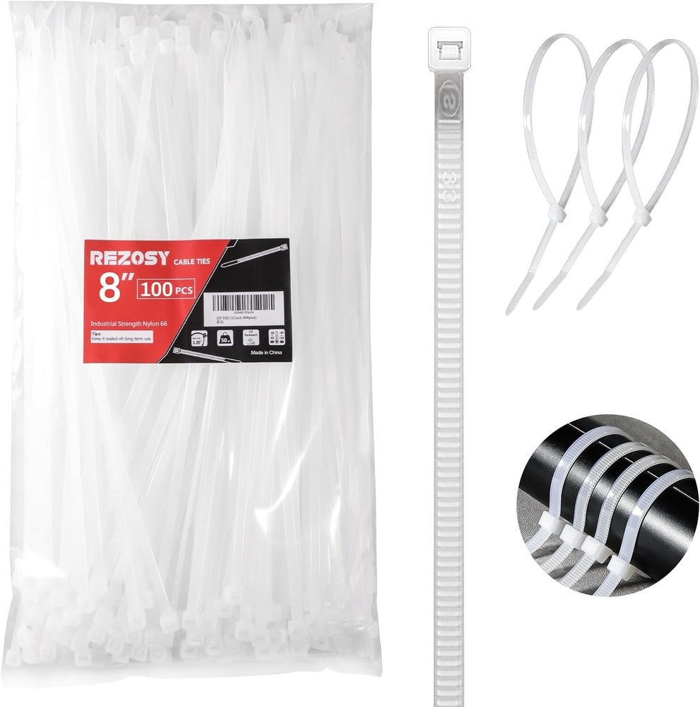 8-Inch White Zip Ties 100-Pack Heavy-Duty Clear Plastic Cable Ties  