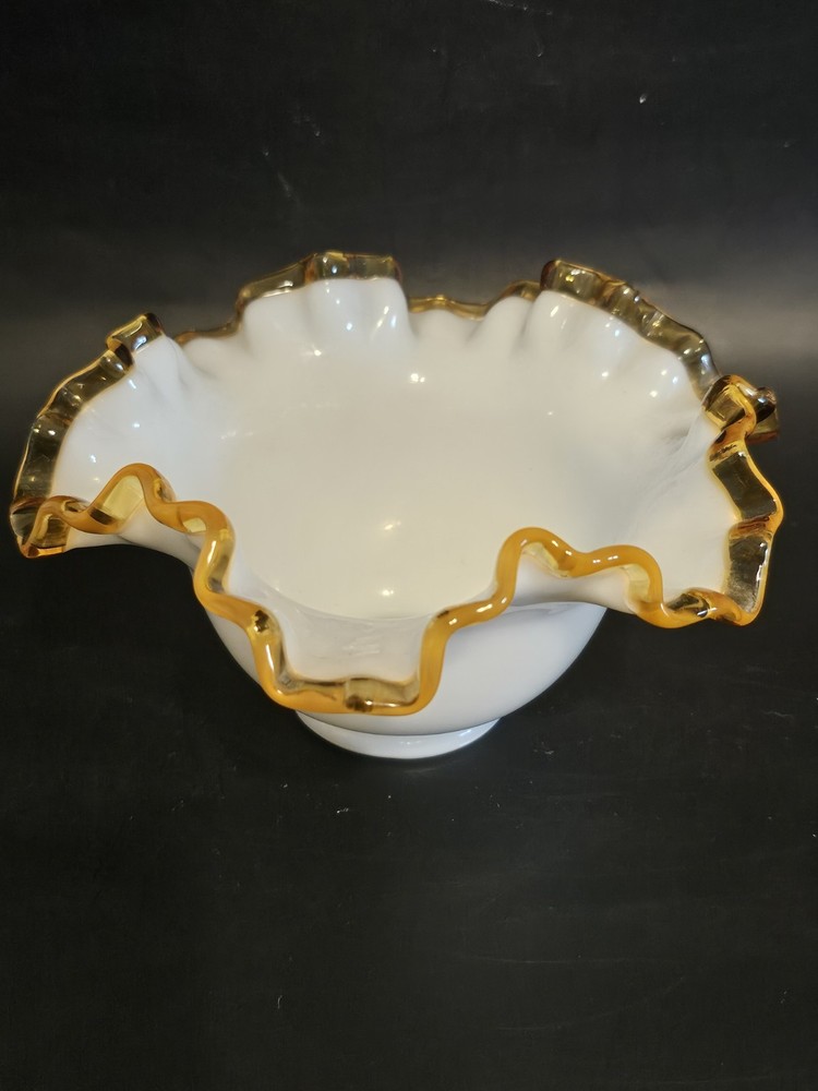 Vintage Fenton Milk Glass Bowl Double Crimped Gold Rim 1943-1945 ART Glass