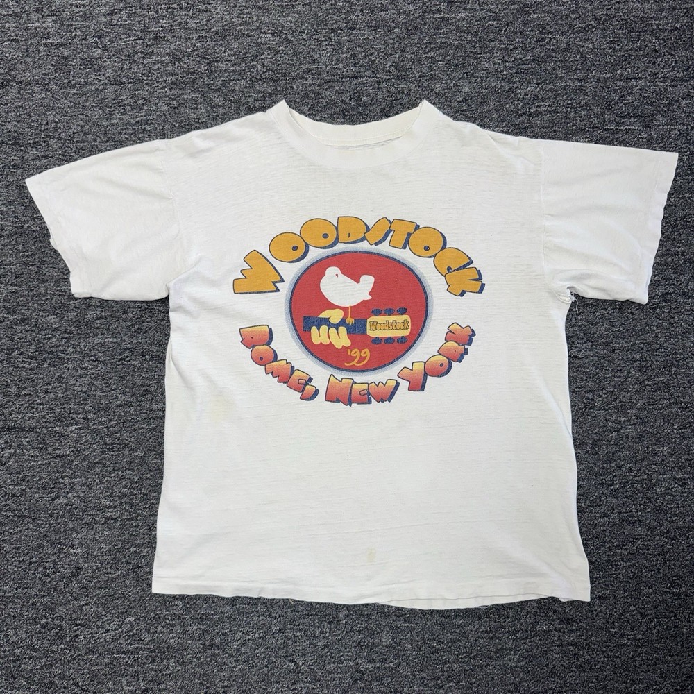 Vintage 90s Rome New York Woodstock 99 White T-Shirt Mens Band Music - Size M
