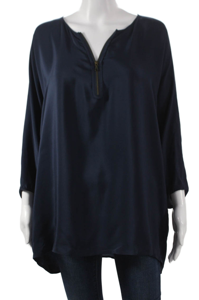 Vince Womens Silk V-Neck Tunic Blouse Blue Long Sleeve Zip Size LFree Shipping in US $100+ Orders | $6.95 Orders Below