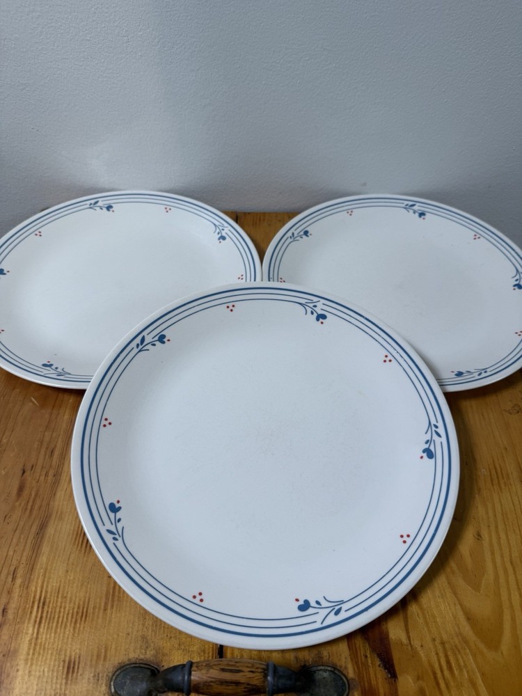 Set of 4 Corelle Style Salad Plates Blue Band Red Accent Floral 7.25” Vitrelle