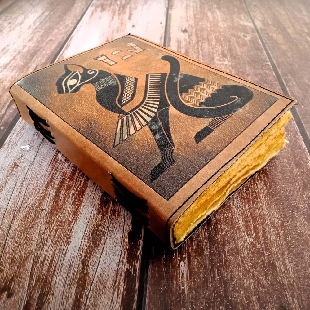 Egyptian Cat Leather Journal with Deckle Edges for Dreams & Sketches  