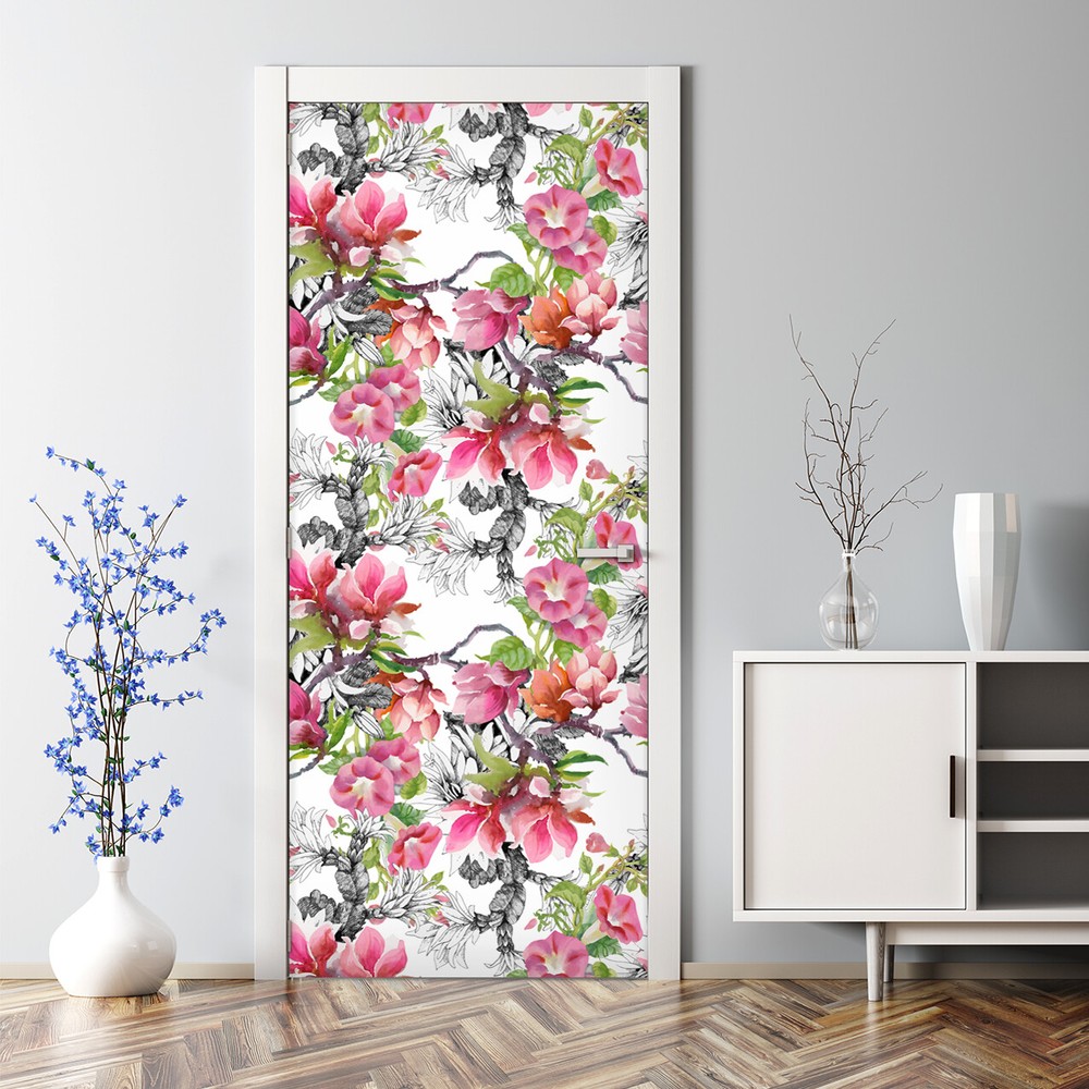 Bubble Free Door sticker Summer garden Beautiful blooming flowers Watercolour