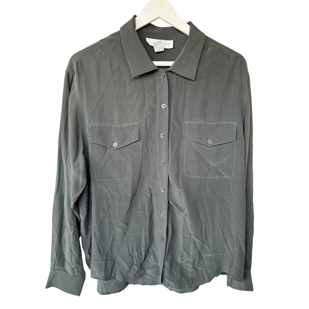 Jones New York Women's Silk Button Down Shirt Long Sleeve Utility Pockets Sz 16