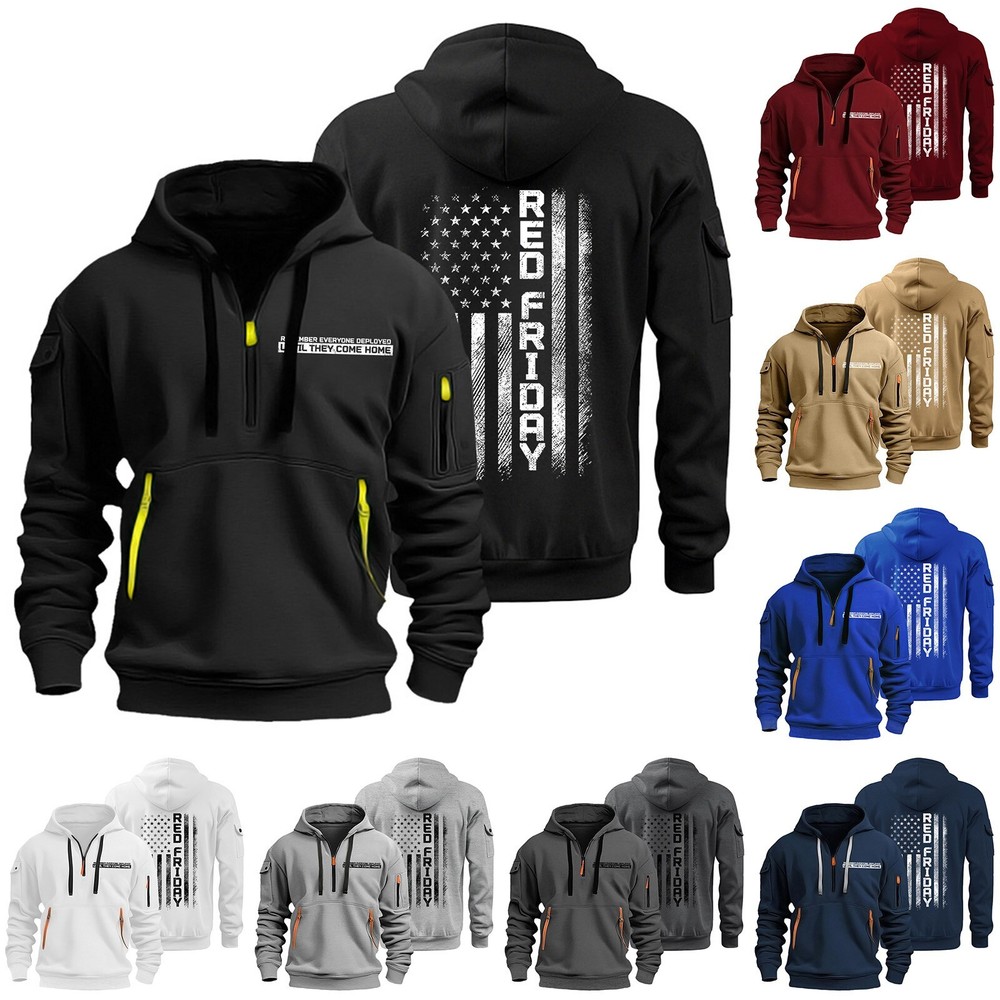 Men's Hoodies 1/4 Zip Up Pullover Flag Tactical Sweatshirt With Arm Pockets