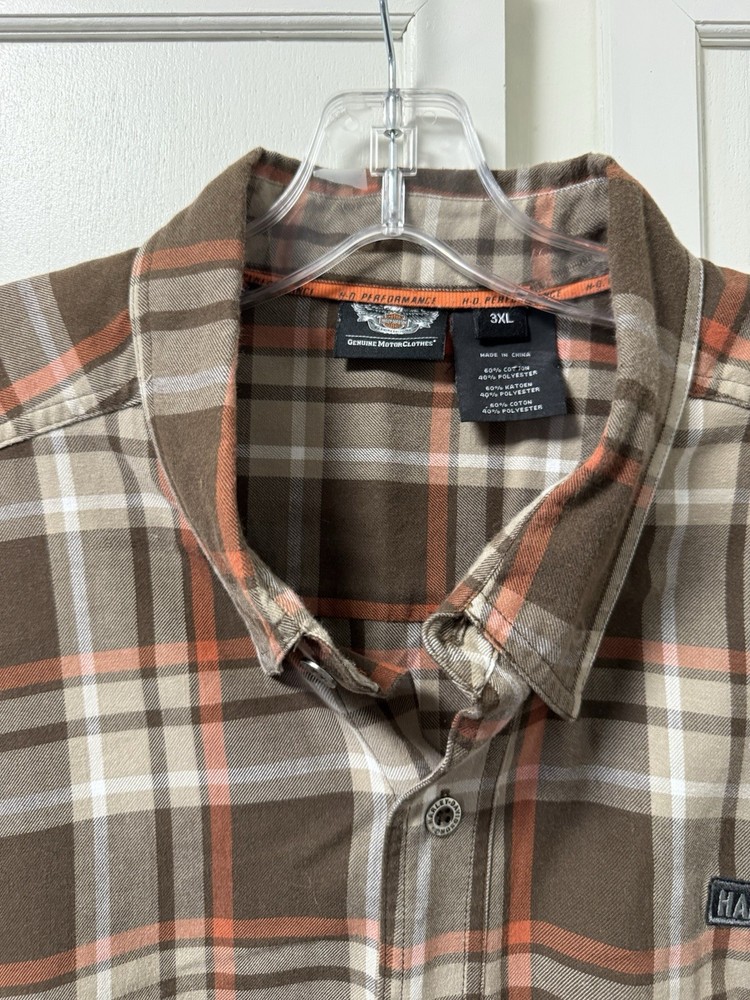 Harley-Davidson Shirt Mens 3XL Tall Brown Plaid H-D Performance Short Sleeve HD