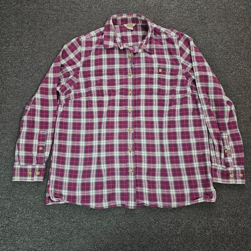 Duluth Trading Co Flannel Shirt Womens Large Purple Plaid Free Swingin Outdoor