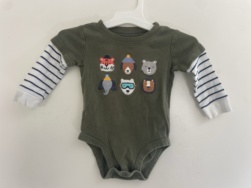 Carters Baby Boy Cute Animals Striped Sleeve Long Sleeve Bodysuit Olive Green 6M