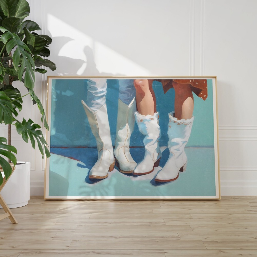 Preppy Western Wall Art Cowboy Boots Print Trendy Oil Painting Baby Blue Art