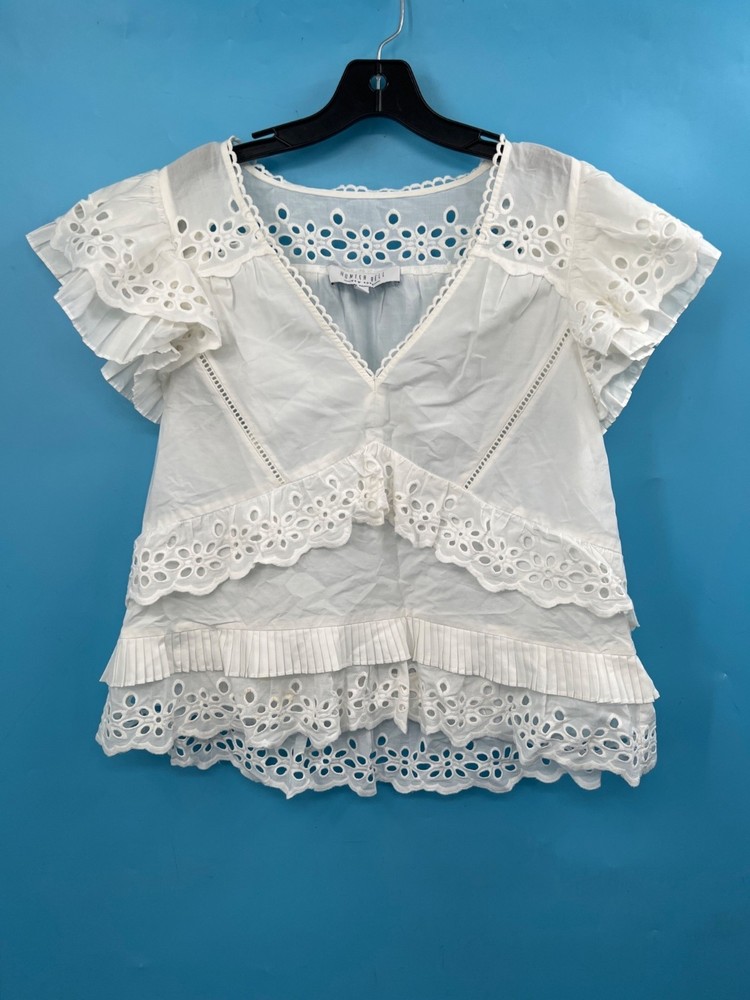 HUNTER BELL White Lace Embroidered Ruffle Cap Sleeve Top Sz M