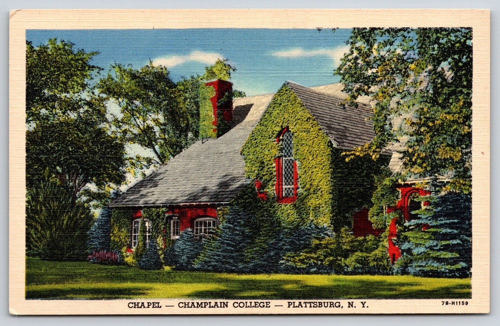Plattsburg New York~Chapel Champlain College~Vintage Linen Postcard