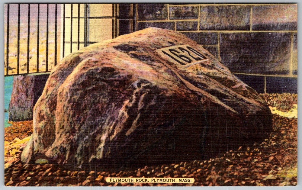 Vtg Linen Postcard Rock Monument Plymouth, MA 1940s