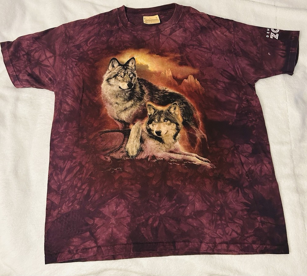 Vtg The Mountain Leather Tag Graphic Wolf Portrait Tie Dye T-Shirt Size Large