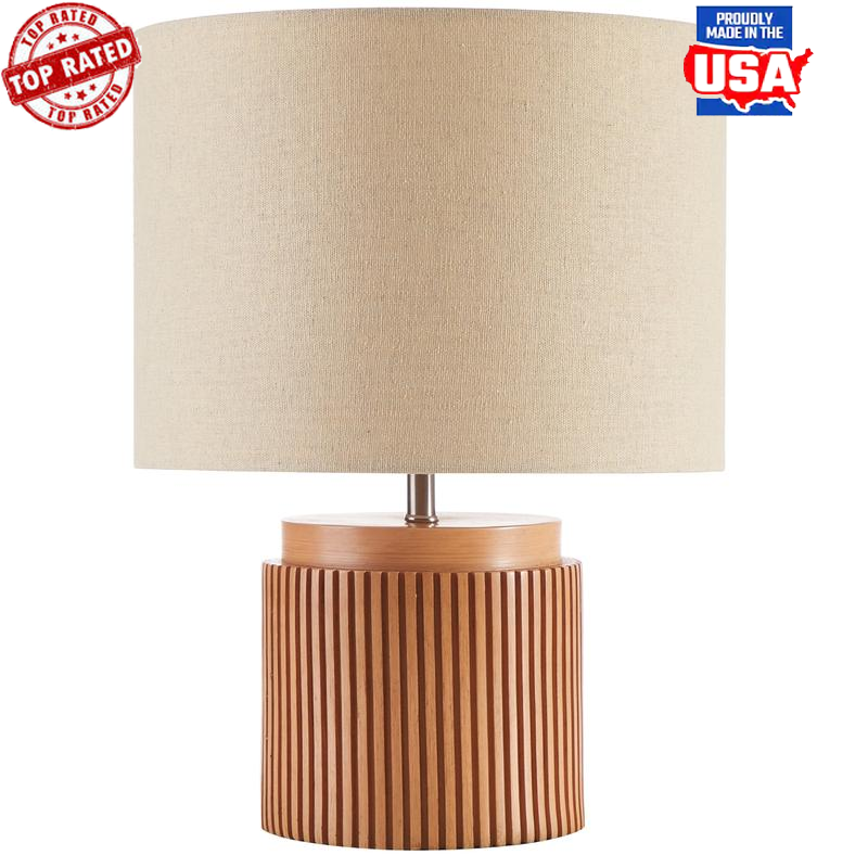 Faux Wood Table Lamp Ribbed Base Linen Shade Ambient Lighting Plug-in Power New