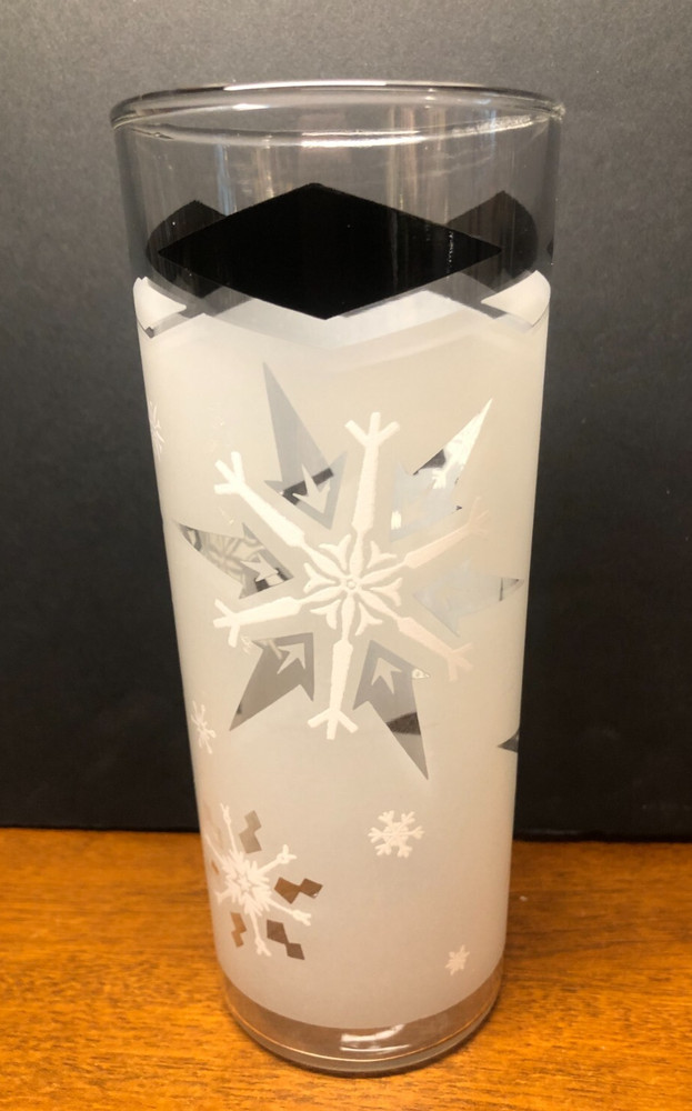 Anchor Hocking Highball Glass Tumbler VTG Black Diamond Frosted Atomic Snowflake