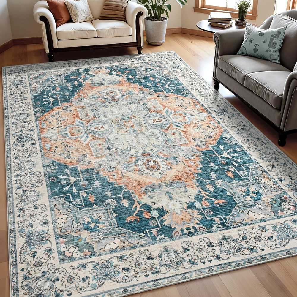 5'X7' Vintage Floral Area Rug for Living Room, Soft Washable Low-Pile Carpet wit