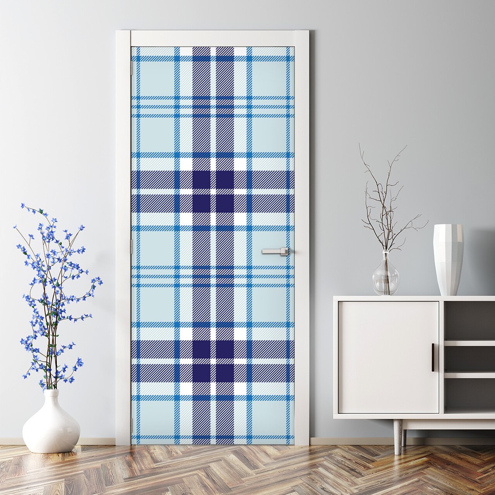 Blue Tartan Plaid Bubble-Free Door Sticker Decal for Home Decor