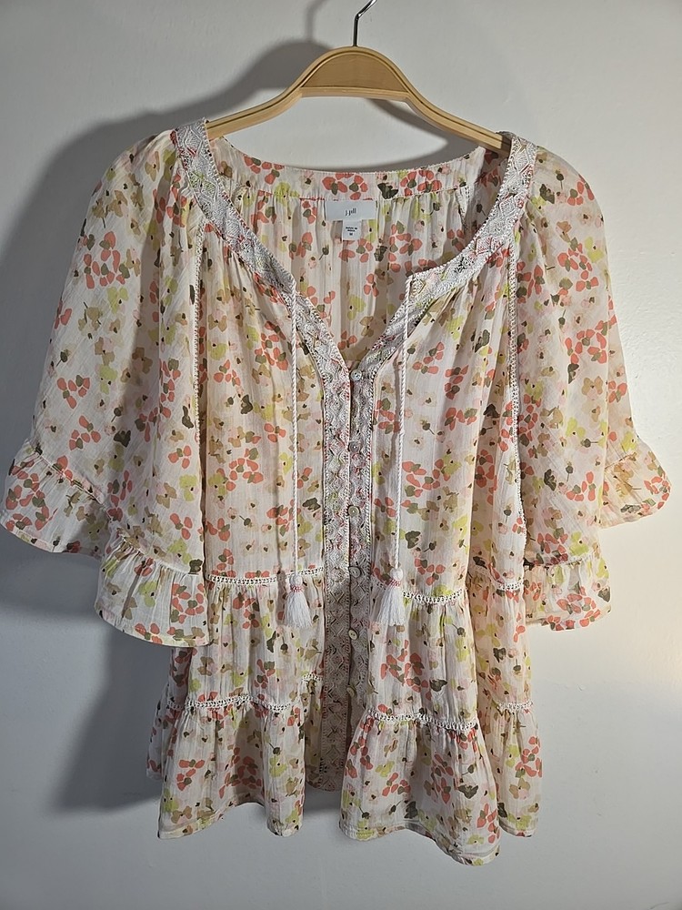 J Jill Soft Cotton Ruffle Details Blouse Size M Oversized Tassel Button Down...