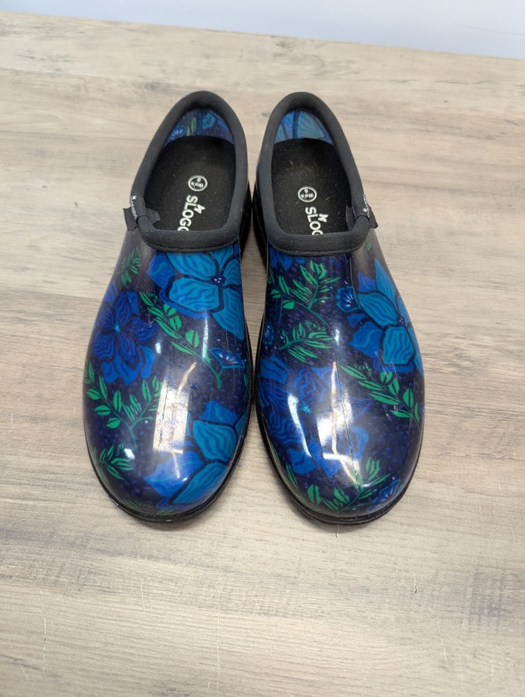 Sloggers Garden Clogs Women's Sz 8 Blue Floral Slip On Waterproof Comfort Shoes