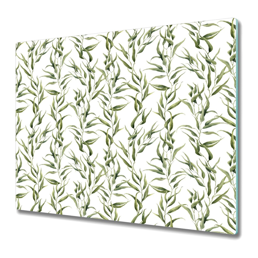 Tempered Glass Kitchen Chopping Board Eucalyptus leaves green and white 60x52
