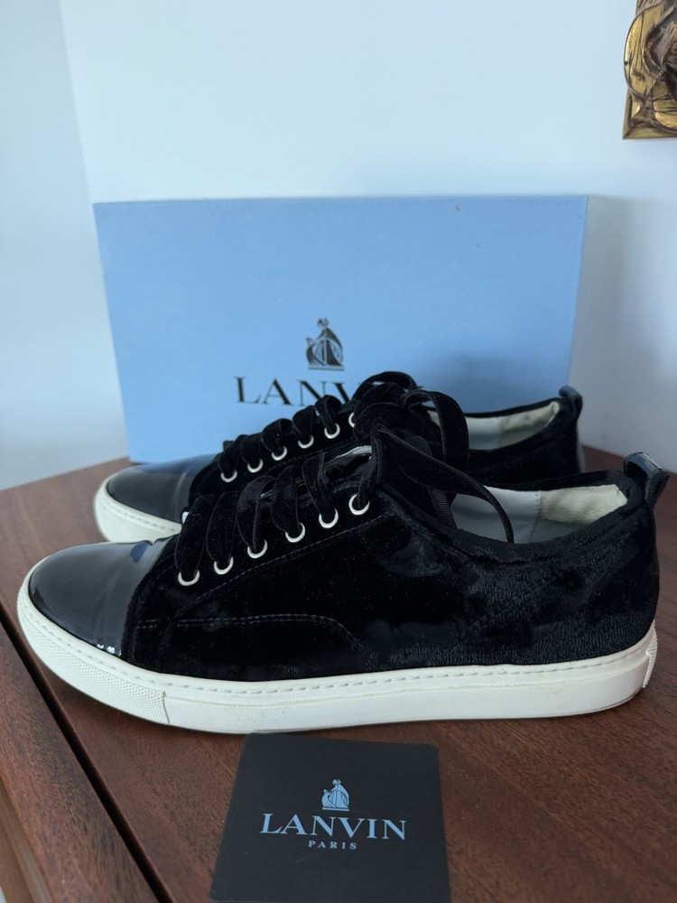 LANVIN Paris Men's Black/White Low-Top Lace-Up Sneakers Patent Toe 9.5 M