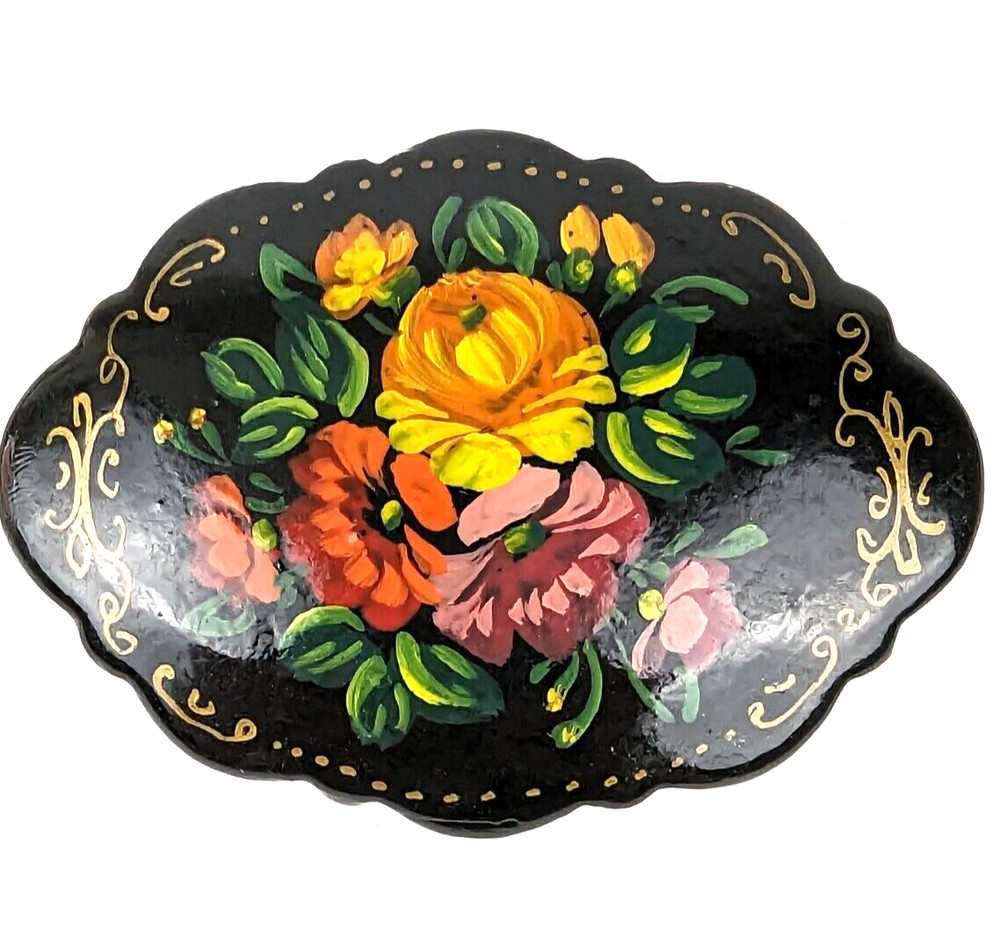 Vtg Russian Hand Painted Lacquer Brooch Pin Oval Flower Motif 2.5