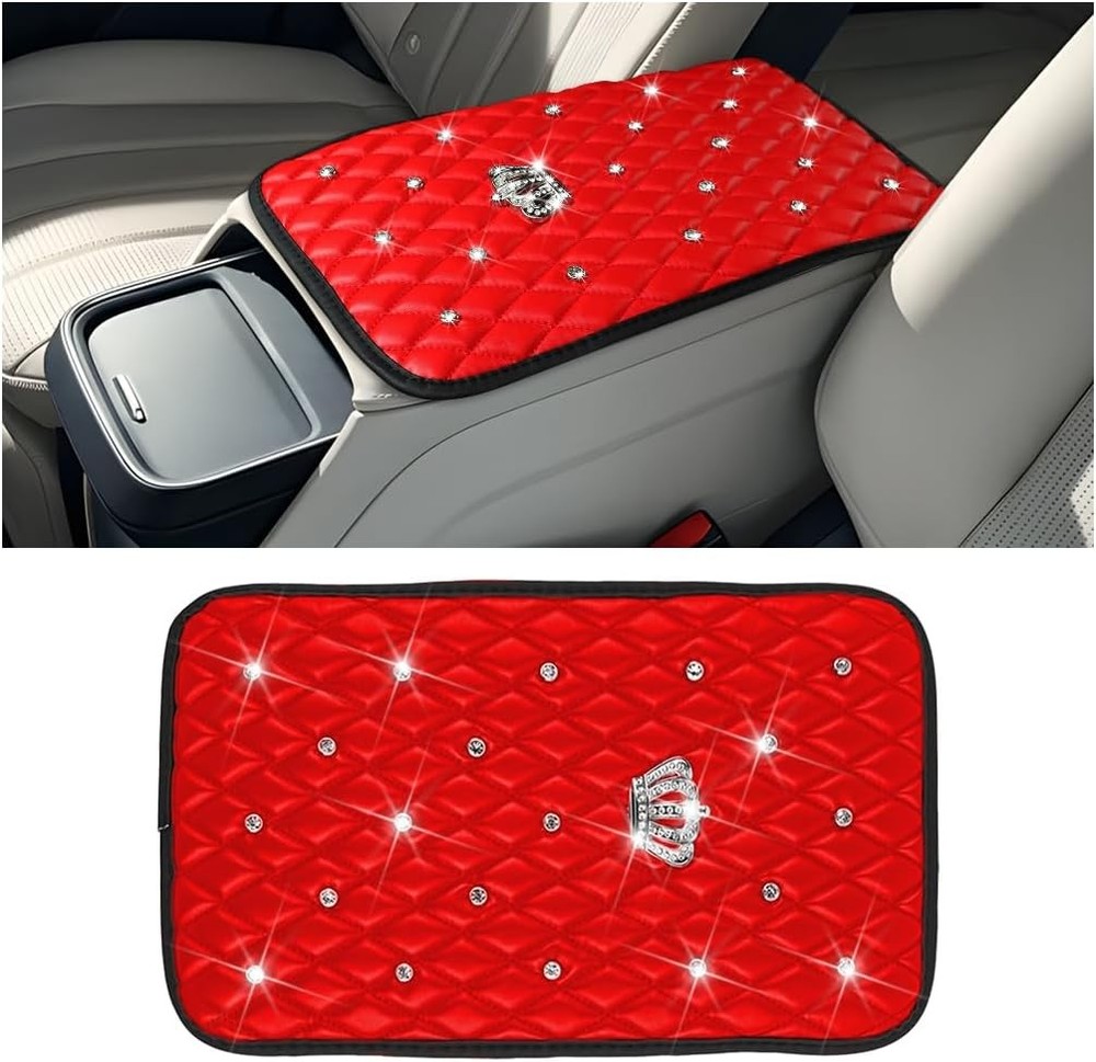 Rhinestone Crown Car Center Console Cover, Red Diamond Armrest Cush Color: Red