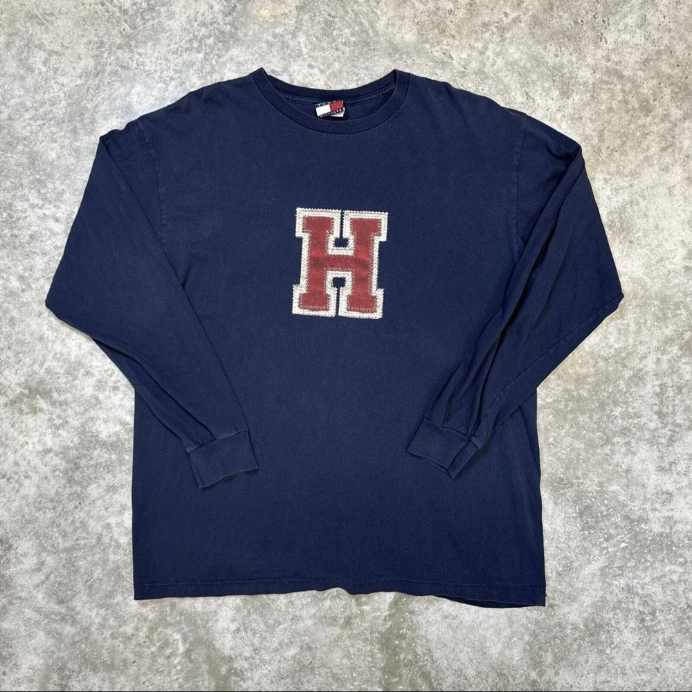 Vintage Tommy Hilfiger Shirt Mens Large Blue H Varsity Long Sleeve College 90s