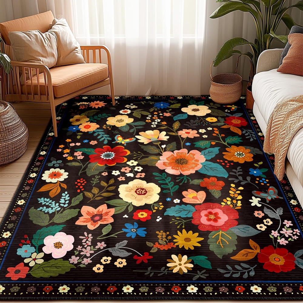 Floral 5x7 Area Rug Machine Washable Soft Print Boho Carpet Non Slip Doormat ...
