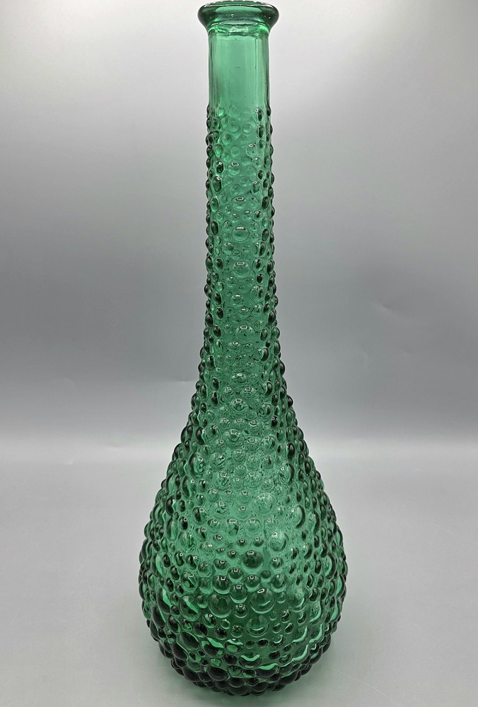 Mid Century Bubble Hobnail Green Glass Bottle Vase Decanter No Top 15.25