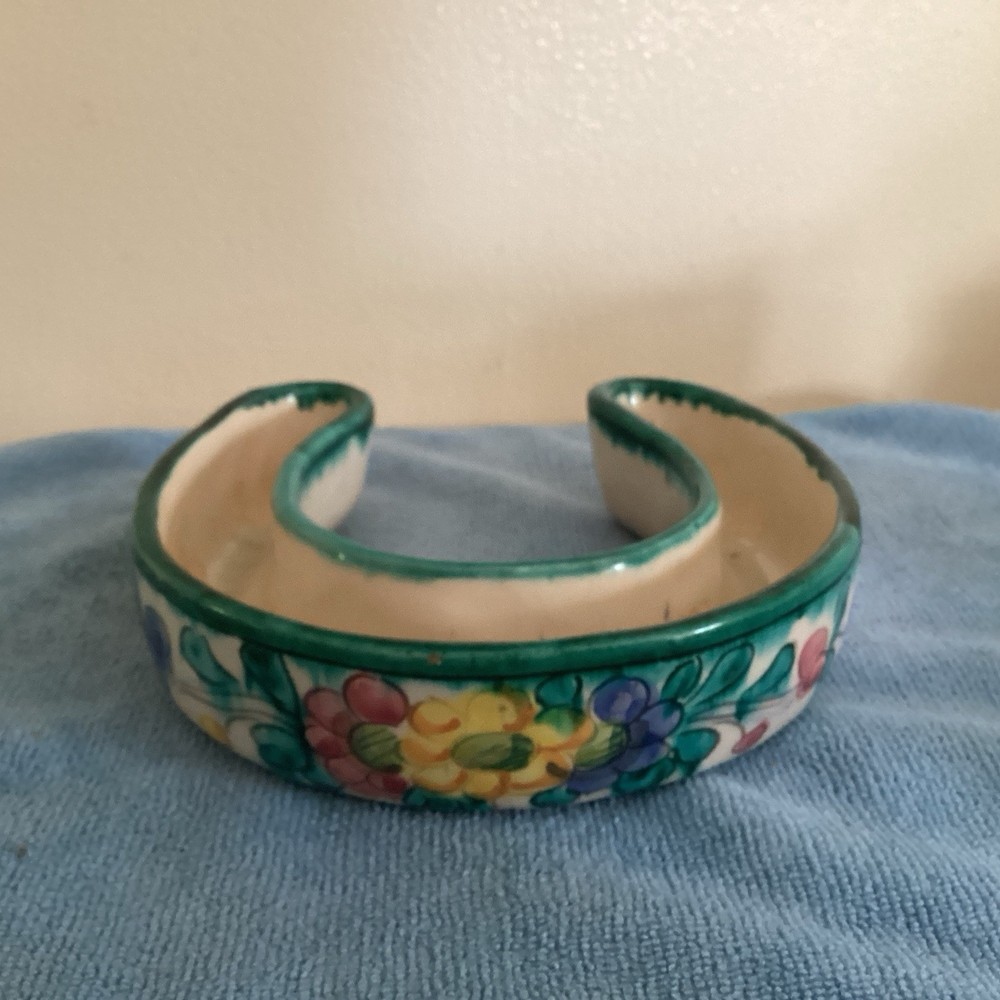 Vintage Italian Ring  Bulb Pansy Vase Flower Frog Hand Painted Floral  Pottery