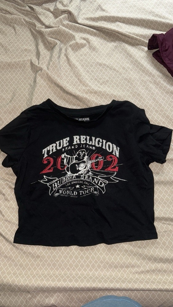 True Religion Women’s S Black Cropped Graphic Print Crew Neck Short Sleeve Tee
