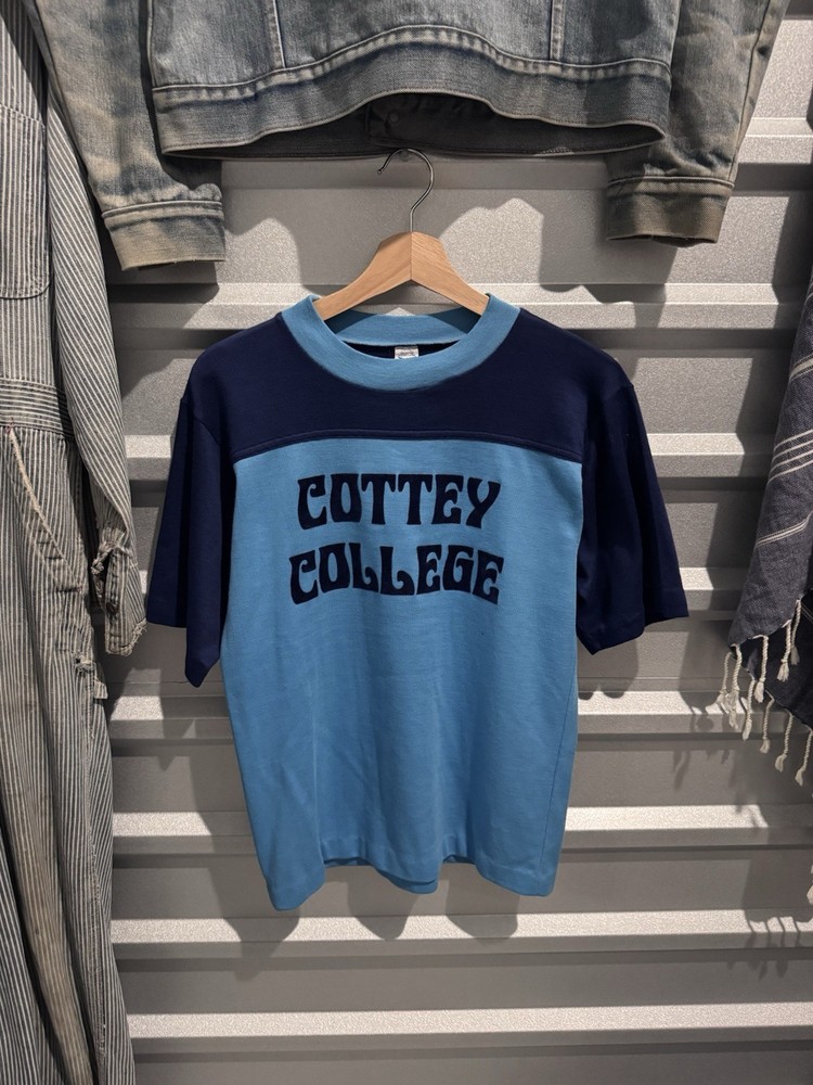 Vintage 70s Cottey College Baseball Ringer T-shirt Blue Men’s Size Medium